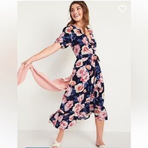 Old Navy Floral Navy Blue and Pink Midi Wrap Dress
